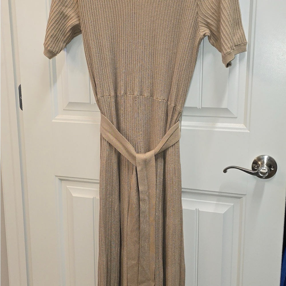 Ann Taylor Pleated Sweater Knit Midi Dress XXL Neutral Beige Tie Waist
